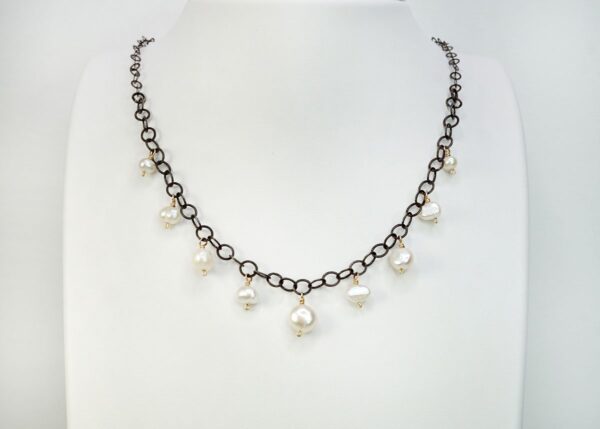 Oxidized silver, 14K gold-fill and fresh water pearl necklace