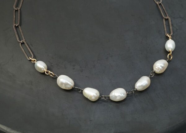 Fresh water pearl mixed metal necklace with oxidized sterling silver and 14K gold-fill accents