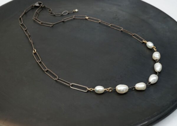 Fresh water pearl mixed metal necklace with oxidized sterling silver and 14K gold-fill accents