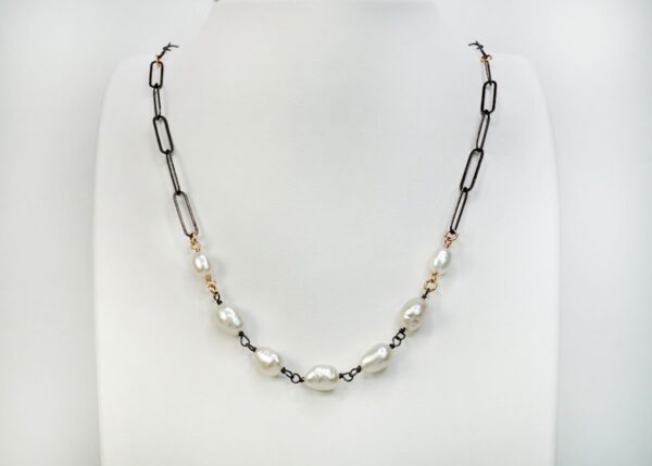 Fresh water pearl mixed metal necklace with oxidized sterling silver and 14K gold-fill accents