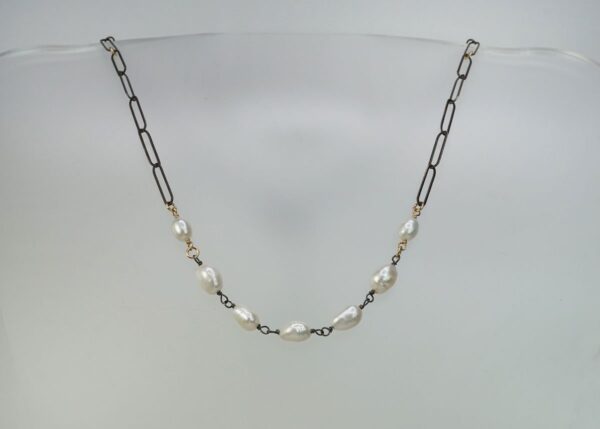 Fresh water pearl mixed metal necklace with oxidized sterling silver and 14K gold-fill accents