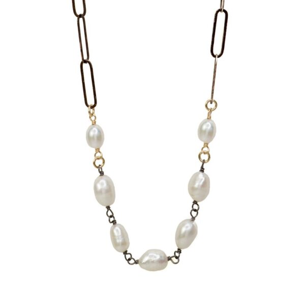 Fresh water pearl mixed metal necklace with oxidized sterling silver and 14K gold-fill accents
