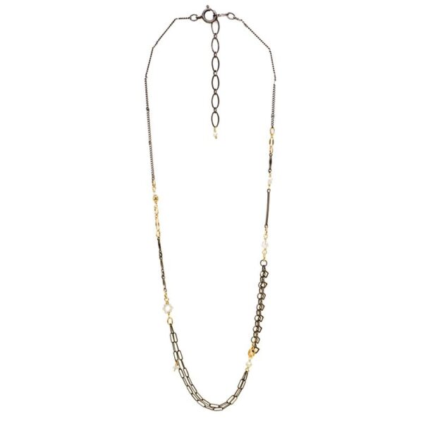 dainty mixed metal necklace with pearl and quartz accents