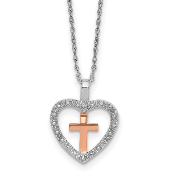 10K rose gold and sterling silver cross necklace with diamond accents