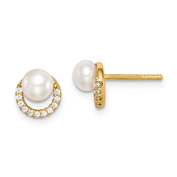 gold-plated sterling silver with fresh water pearl stud earrings with cubic zirconia accents