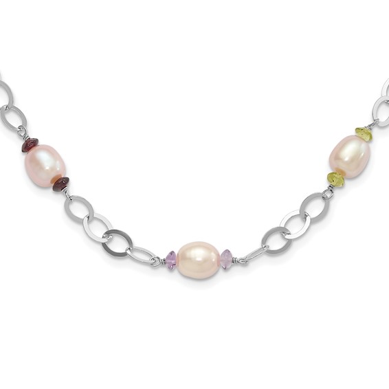pink pearl necklace with multicolor gemstone accents and large silver links