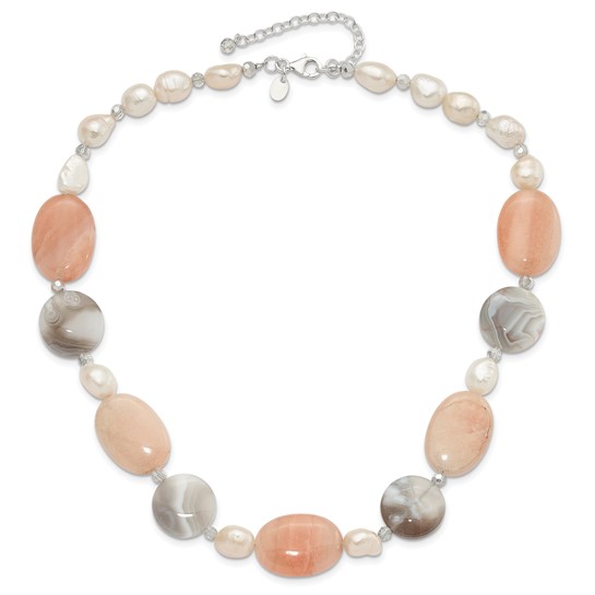 pink aventurine, gray agate, and pearl necklace