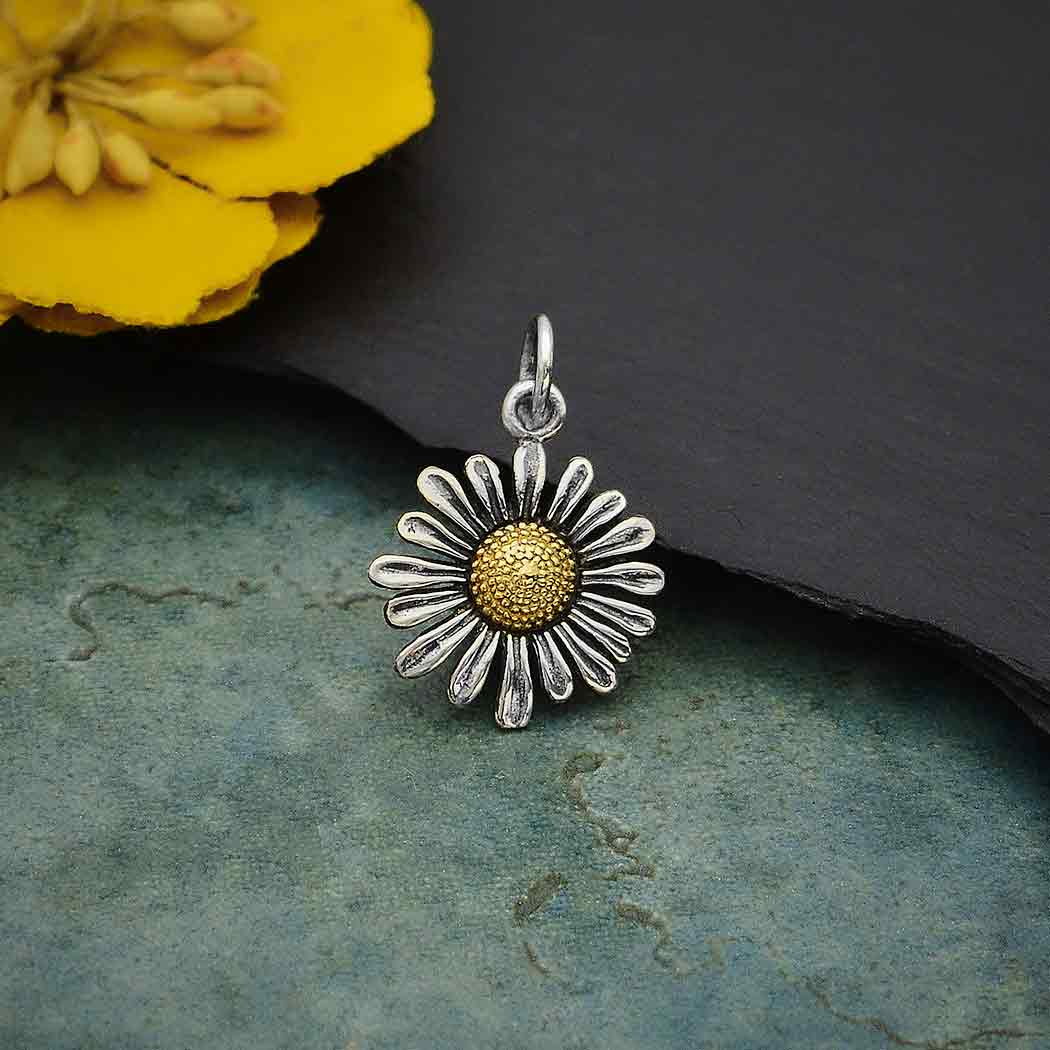 nickel-free sterling silver and bronze daisy flower charm pendant
