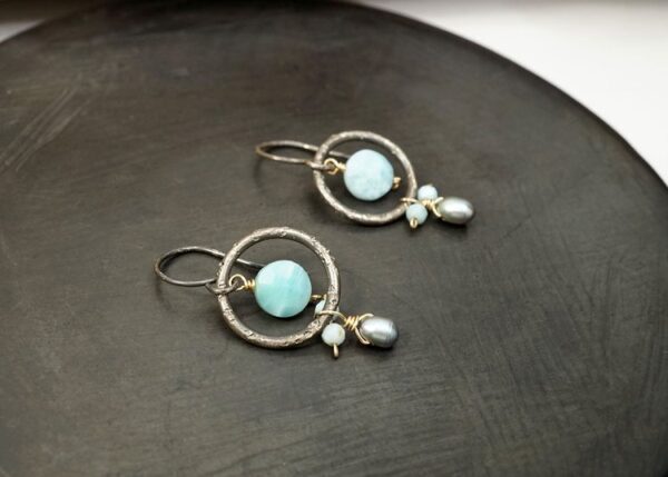 larimar, gray pearl, and oxidized sterling silver earrings with 14k gold-fill accents