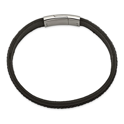 Black leather and stainless steel bracelet top view