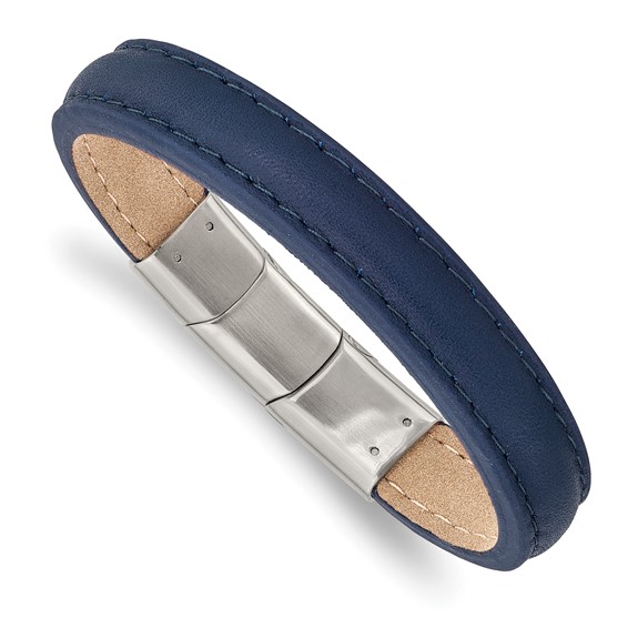 dark blue leather bracelet with stainless steel clasp