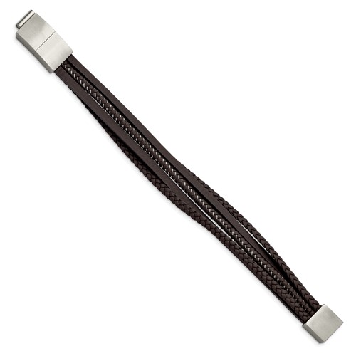 Brown faux leather and stainless steel adjustable length bracelet