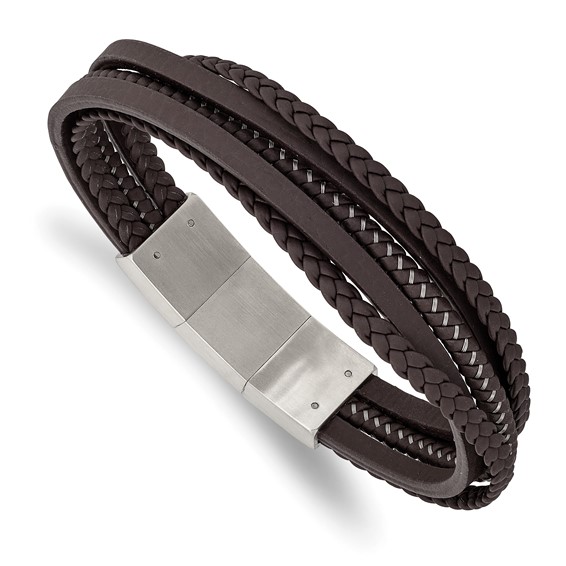 Brown faux leather and stainless steel adjustable bracelet