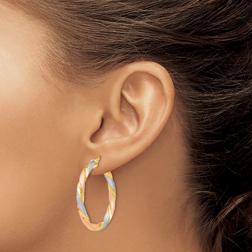 Sterling Silver Tri-color Twisted Hinged Hoop Earrings on model
