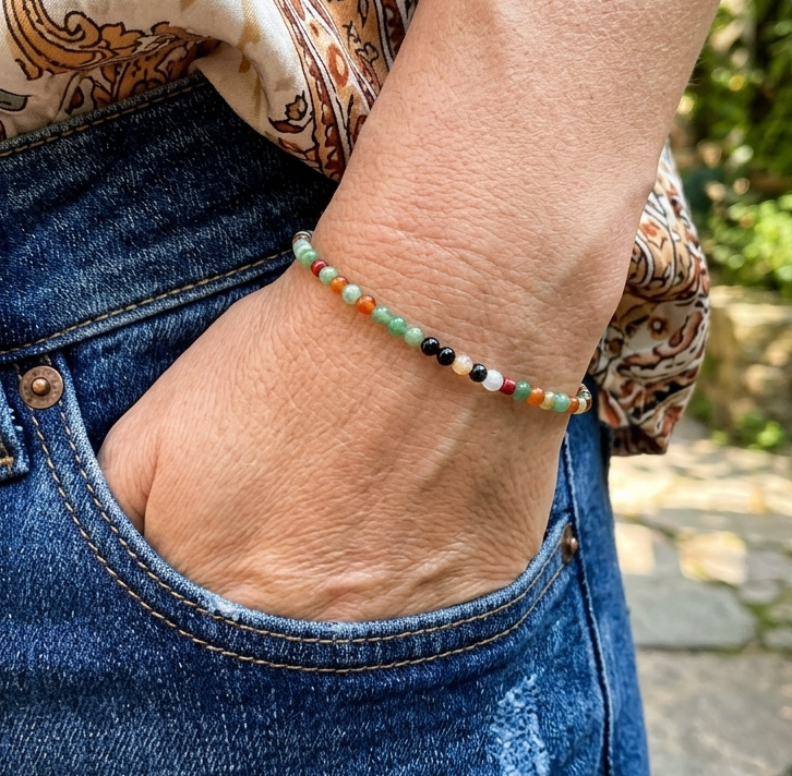 close-up of dainty multicolor agate bracelet