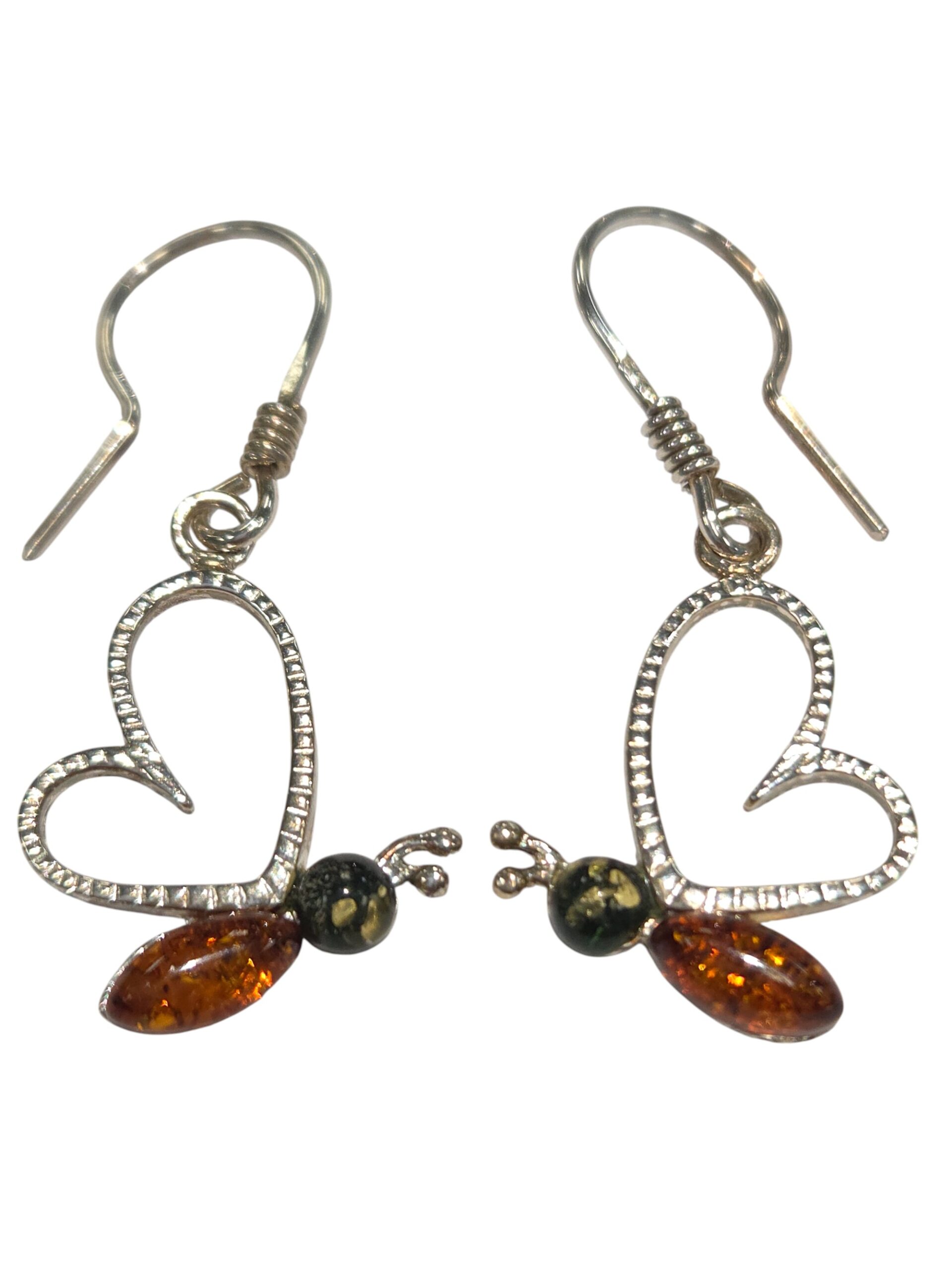 green and honey amber butterfly earrings
