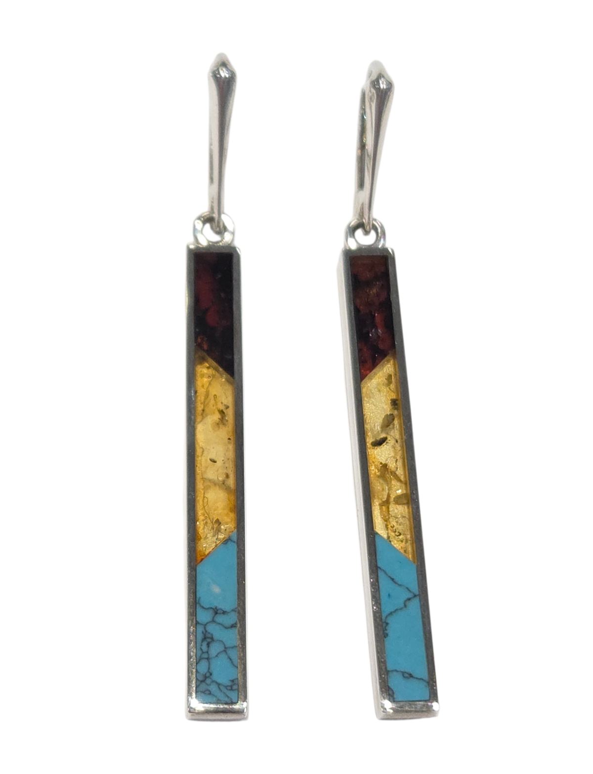 dark red and yellow amber with turquoise inlay earrings