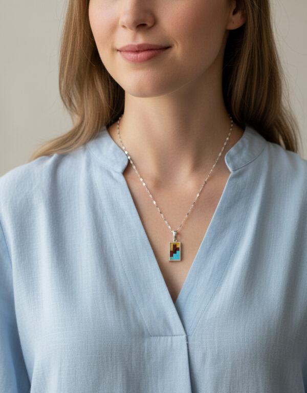 amber and turquoise necklace on model