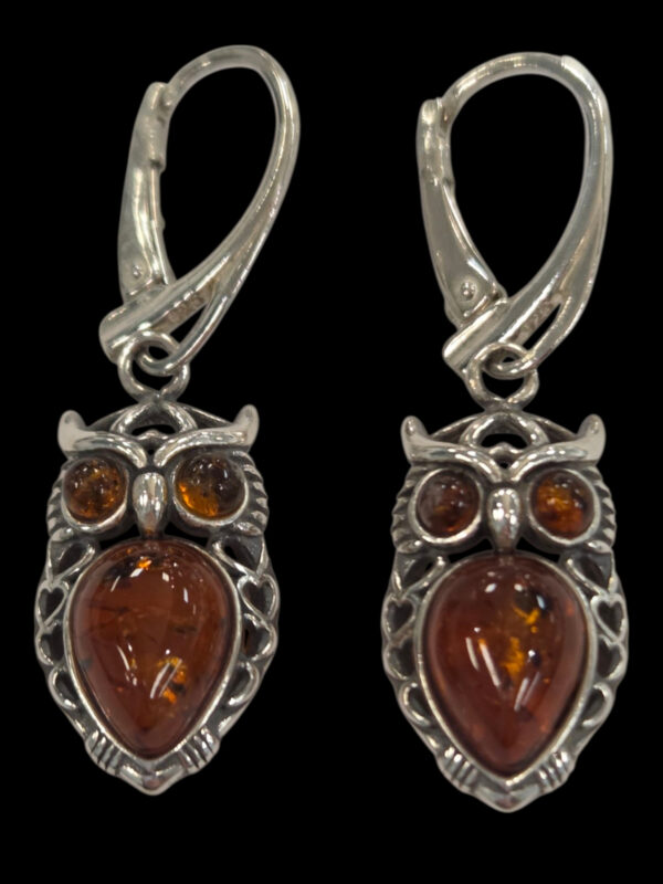 Sterling Silver and Baltic amber owl earrings