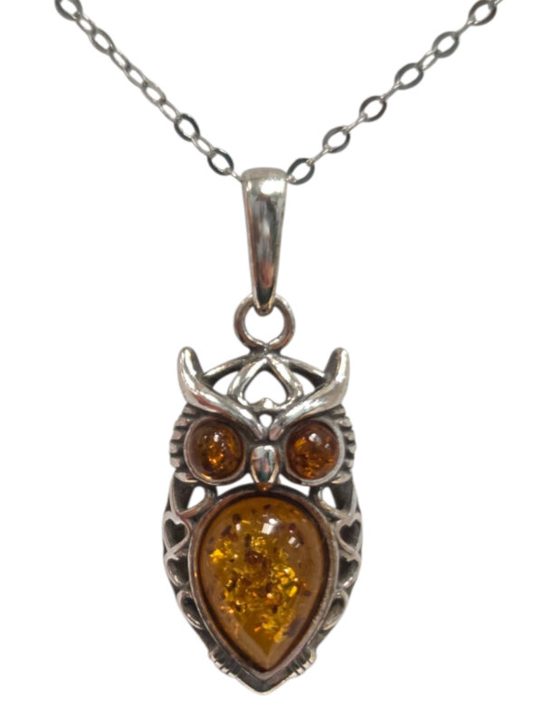 sterling silver and Baltic amber owl necklace
