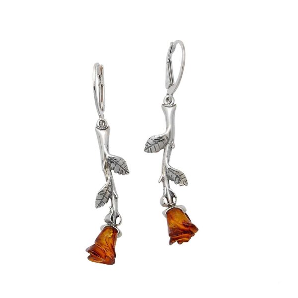 amber rosebud and sterling silver long flower earrings