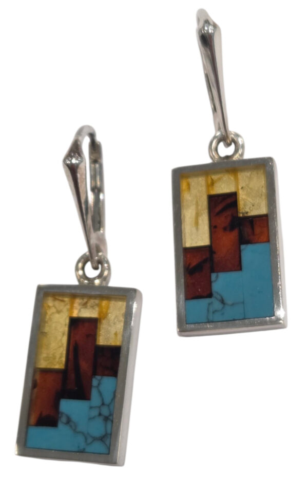 lemon amber, cherry amber, and turquoise inlaid sterling silver earrings