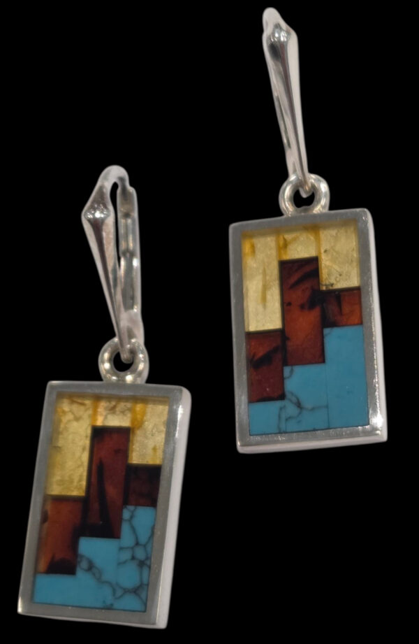 lemon amber, cherry amber, and turquoise inlaid sterling silver earrings