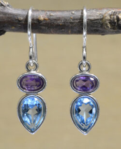 purple amethyst and blue topaz petite drop earrings