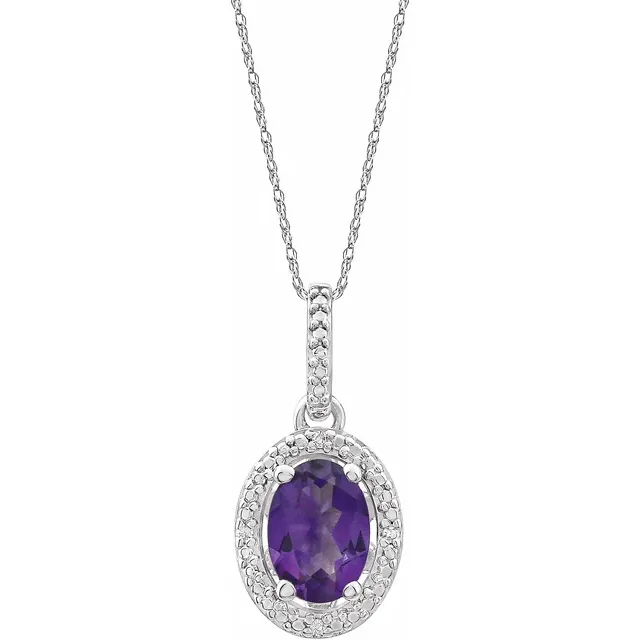 Amethyst and diamond halo sterling silver necklace