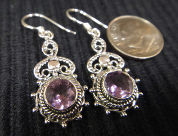 purple amethyst and sterling silver handmade dangle earrings with dime for scale