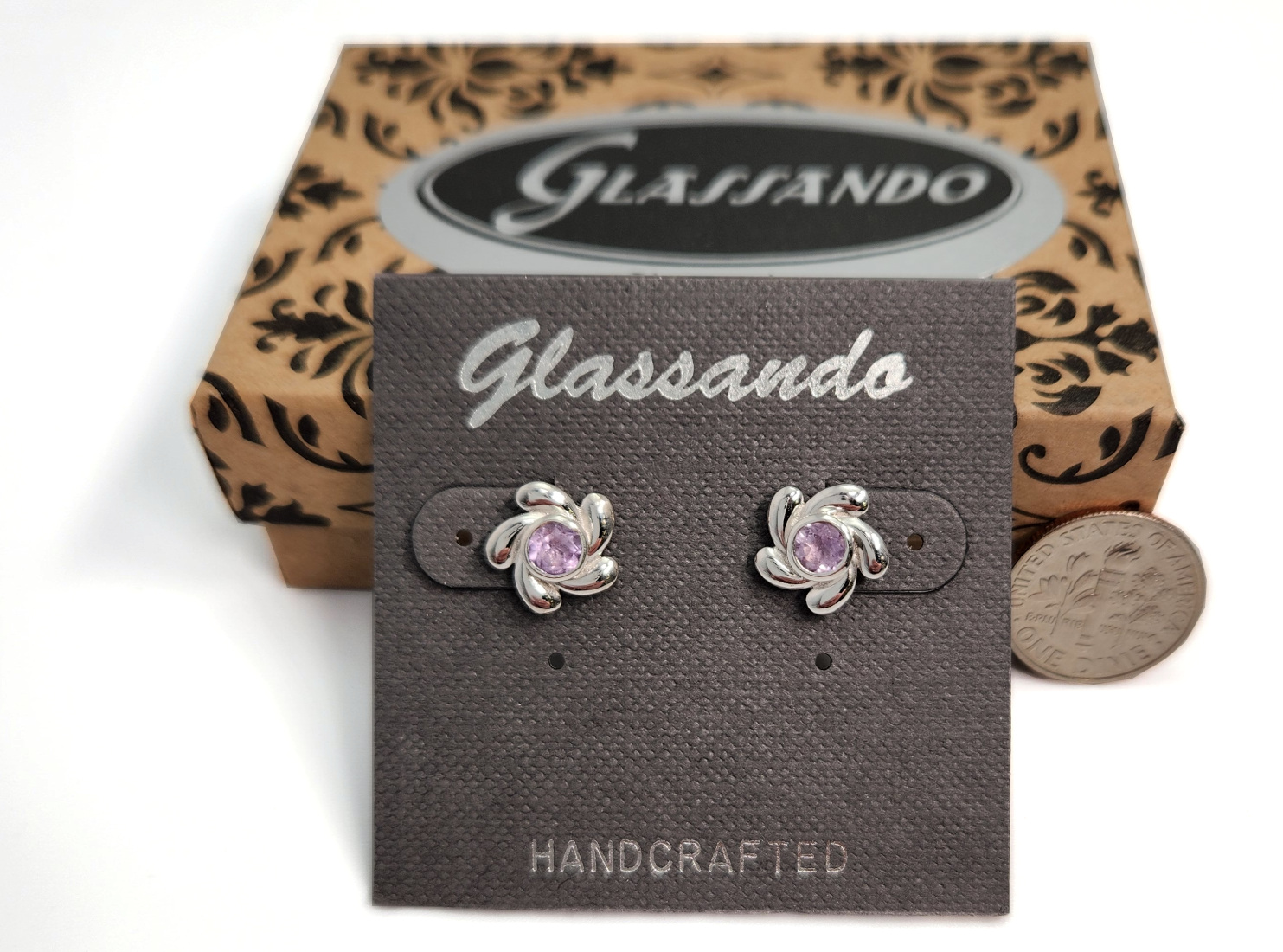 amethyst and sterling silver flower stud earrings with gift box and dime for size comparison