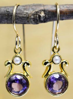 Handmade amethyst, pearl, and 14k gold vermeil earrings