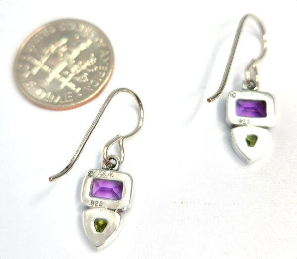 backside of amethyst and peridot earrings with dime for size comparison