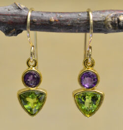 Handmade dangle earrings with green peridot and purple amethyst in 14k gold vermeil