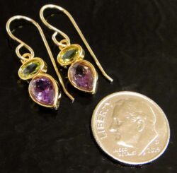 Amethyst and peridot handmade 14k gold vermeil dangle earrings with dime