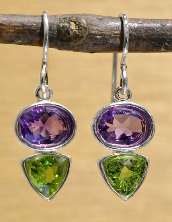 purple amethyst and green peridot dangle earrings set in .925 sterling silver by Sonoma Art Works
