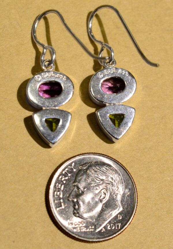 back of purple amethyst and green peridot dangle earrings set in .925 sterling silver by Sonoma Art Works with dime