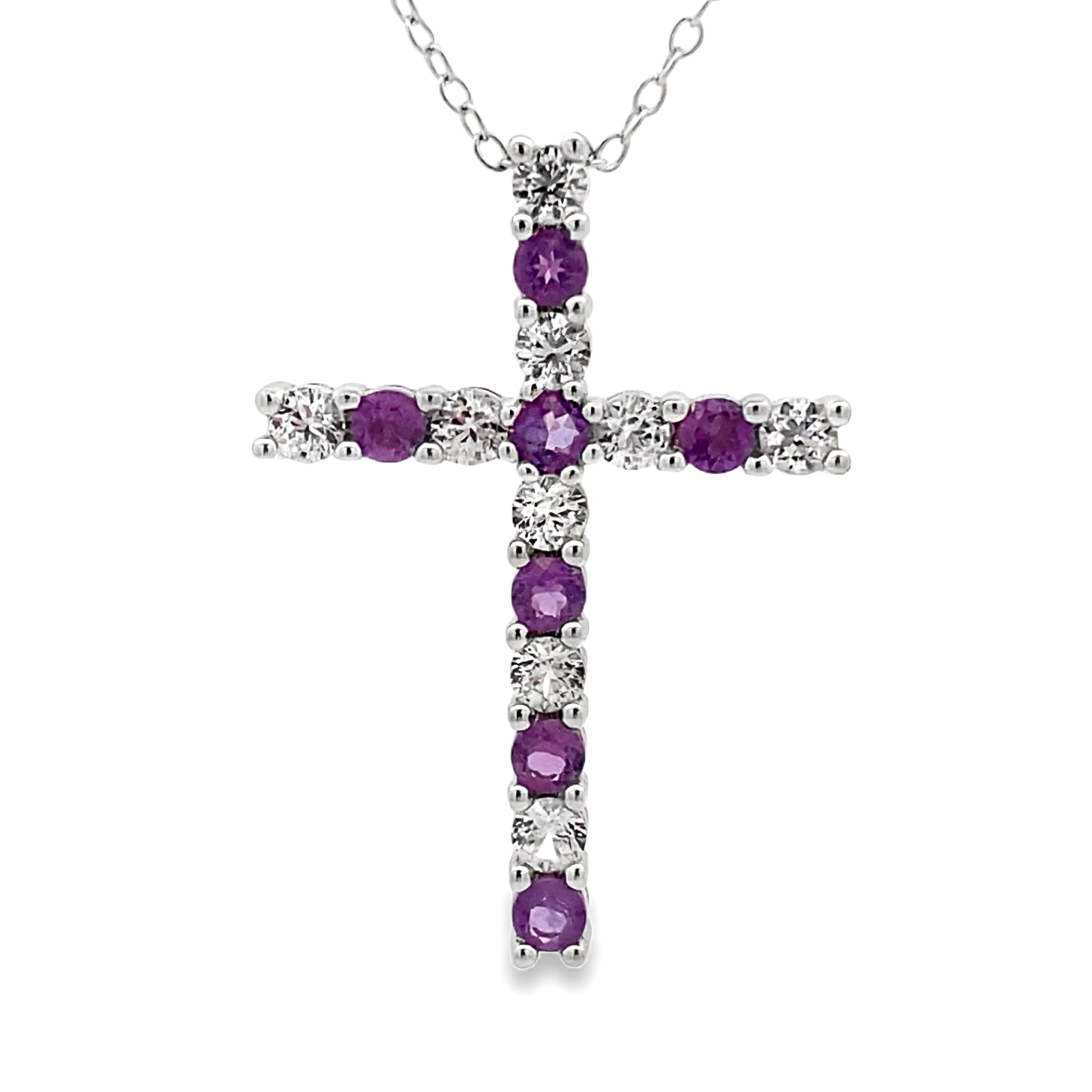 amethyst, created white sapphire, and sterling silver cross necklace