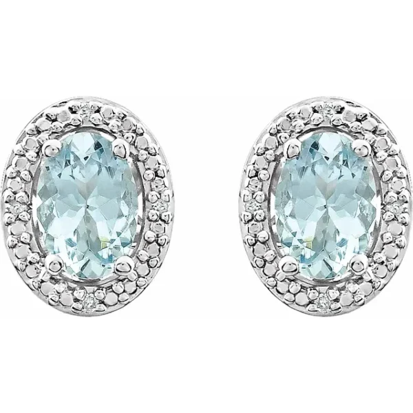 aquamarine, diamond, and sterling silver oval stud earrings
