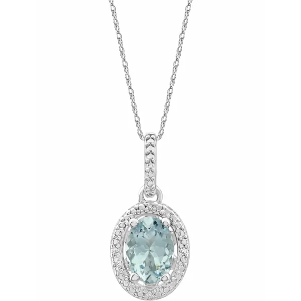 aquamarine, diamond, and sterling silver oval pendant on 18 inch sterling silver chain necklace