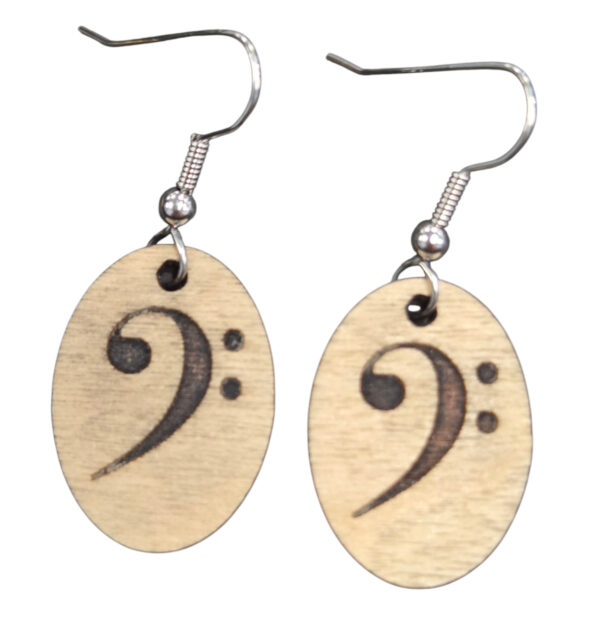 wooden bass clef earrings with stainless steel ear-wires