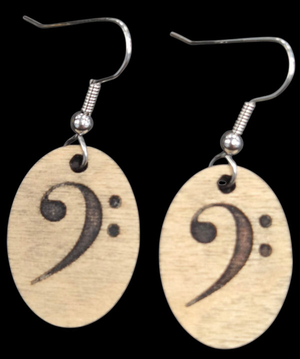 wooden bass clef earrings with stainless steel ear-wires