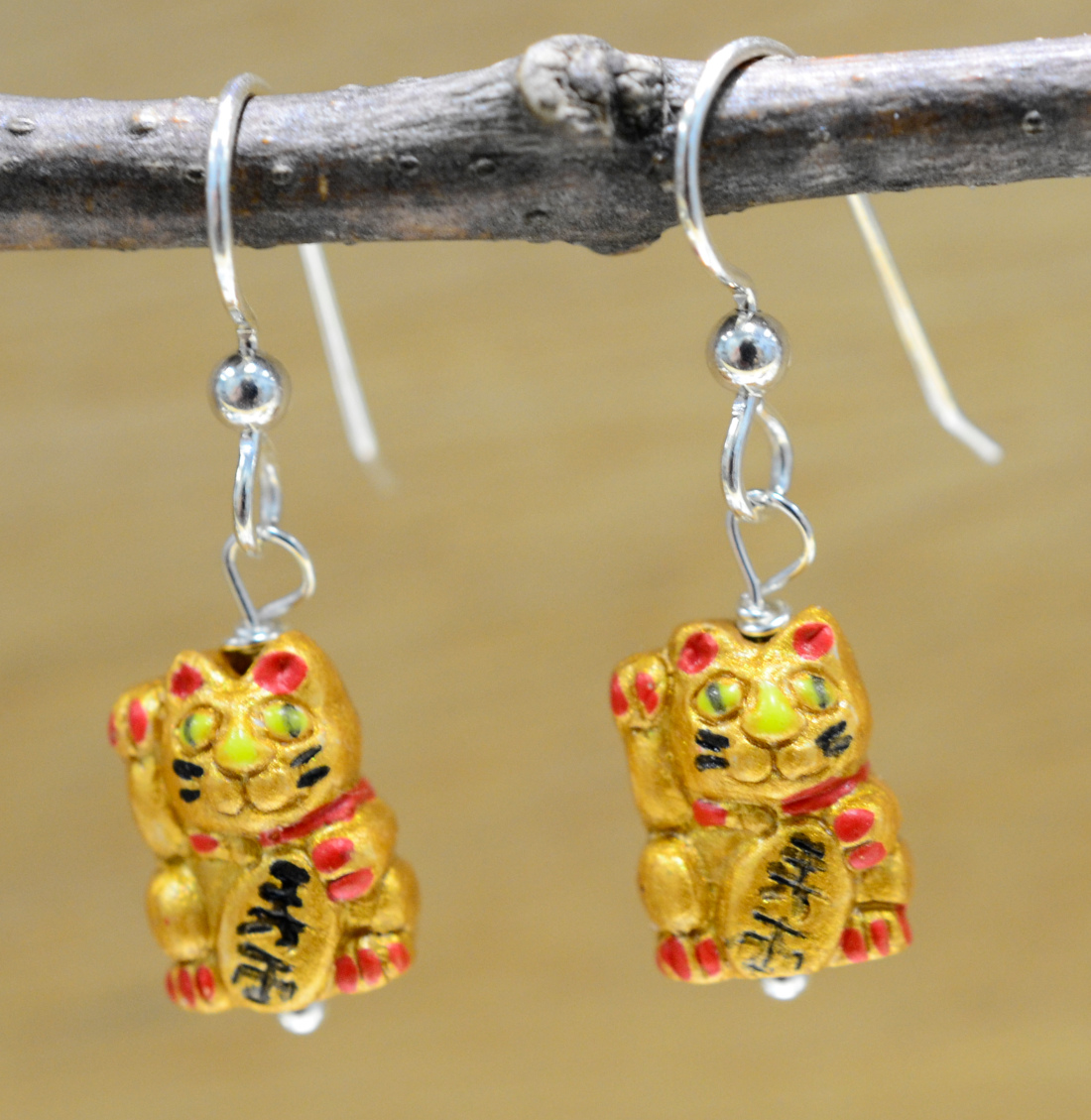 Lucky cat ceramic and sterling silver earrings