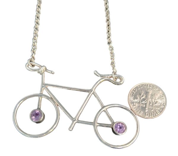 amethyst bike necklace with dime for size comparison