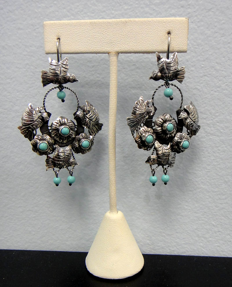 Handmade large turquoise and sterling silver bird dangle earrings