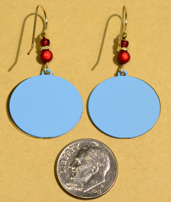 back of yellow birds with red heart Sienna Sky dangle earrings with dime