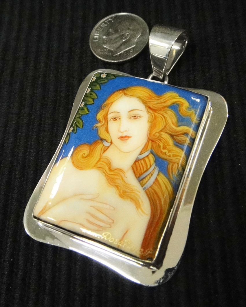 Botticelli's The Birth of Venus miniature hand painted pendant with dime for size