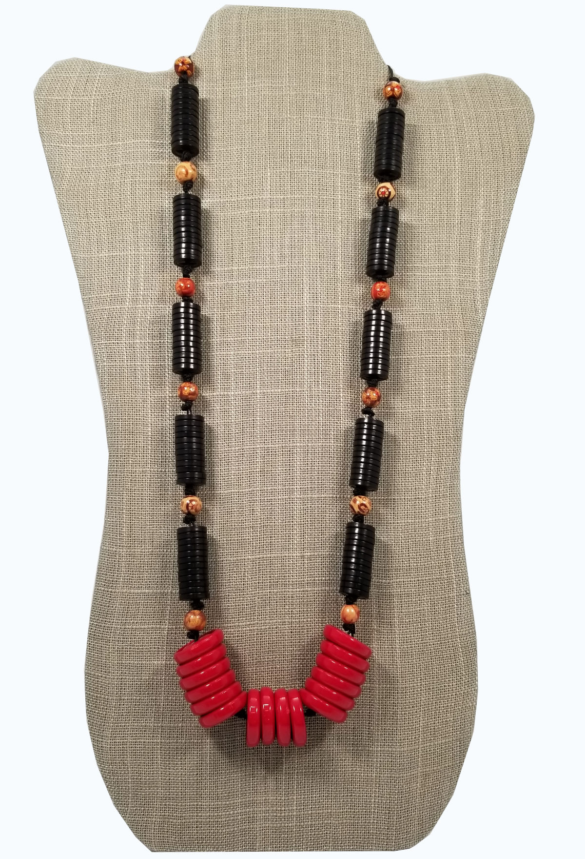 black and red vintage hand dyed buttons with printed bamboo beads