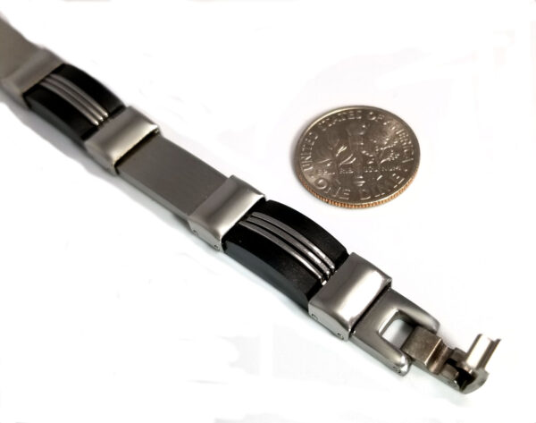 stainless steel and black alternating link bracelet with dime to help you gauge scale