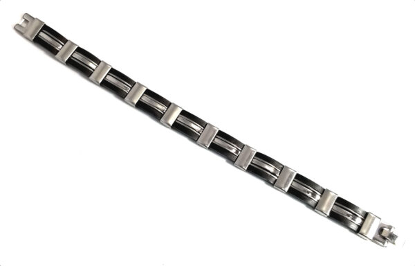 black and stainless steel bracelet laying flat